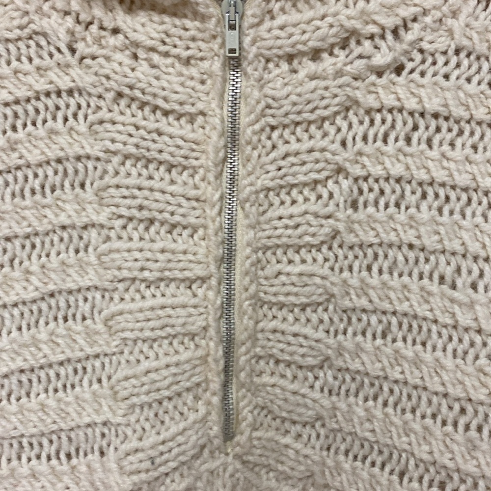 Hand Knit Wool Cable Hoodie Sweater Cream Chunky Flared Cuff Cottage Core Medium - Picture 4 of 12